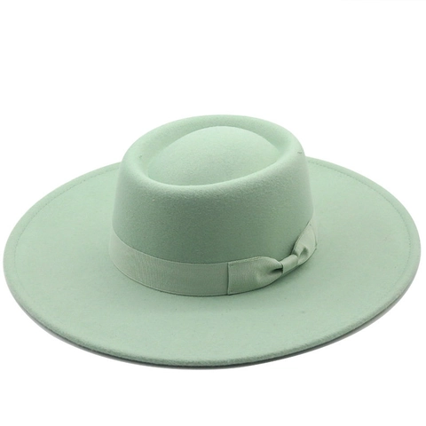 Vintage Boater Hat Polyester Felt Flat Top Wide Brim With Ribbon Bow Elegant French Style For Women