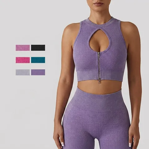 Crop Top A Costine Con Cerniera E Apertura Frontale Con Leggings A Vita Alta Sollevamento Glutei Donne Fitness Yoga