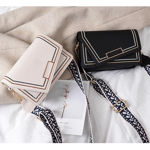 Women Crossbody Shoulder Bag PU Leather Geometric Stitching Wide Patterned Strap Flap Square Purse Urban Simple Trendy