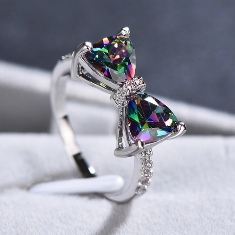 Bowknot Ring For Women Copper Zircon Inlaid Colorful Triangle Gemstone Elegant Sweet Fashion Jewelry