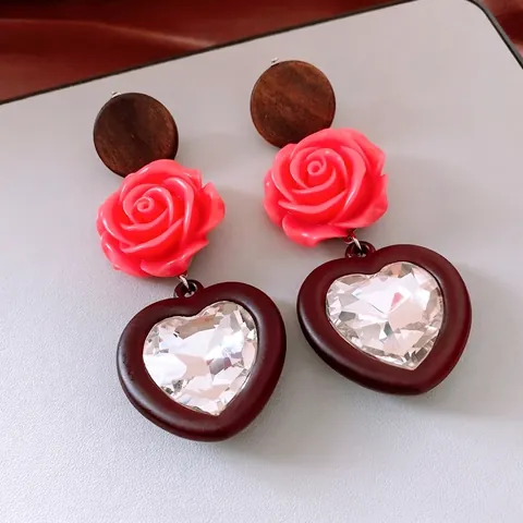 Retro Vintage Hängeohrringe Mit 925 Sterling Silber Ohrstecker Holz Harz Rosa Rose Herz Transparent Kristall Für Damen