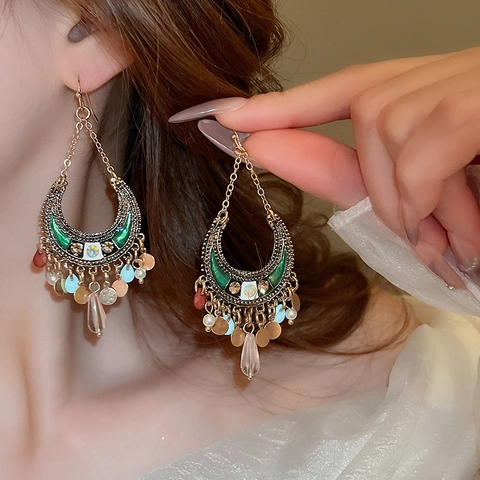 Bohemian Crescent Moon Dangle Earrings With Enamel Resin Rhinestone And 925 Sterling Silver Earring Post Vintage Style