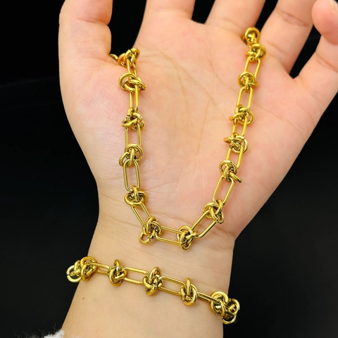 Collana E Bracciale A Catena Annodata In Acciaio Inossidabile Placcato Oro 18K Minimalista Stile Industriale Regolabile Per Donna