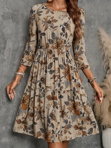 Dames Midi Jurk Met Bloemenprint Polyester Ronde Hals Lange Mouwen Hoge Taille Casual Boho Elegant