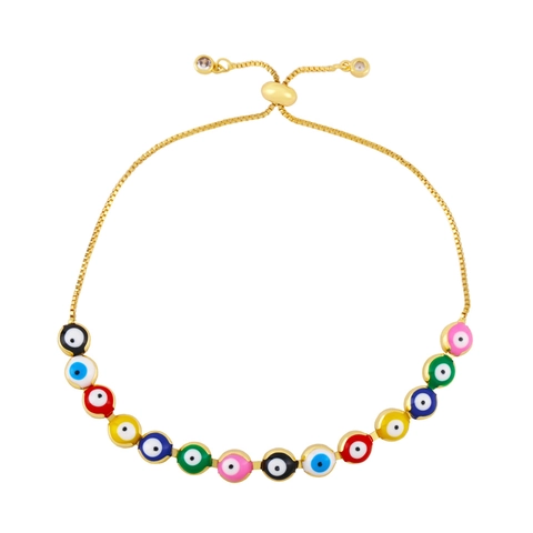 Evil Eye Bolo Bracelet Adjustable Enamel Copper Gold Plated Bohemian Vintage Ethnic Style Jewelry For Women