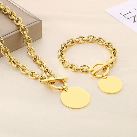 Set Di Gioielli Collana Bracciale In Acciaio Inossidabile Chiusura OT Ciondolo Disco Rotondo Croce Minimalista Di Moda