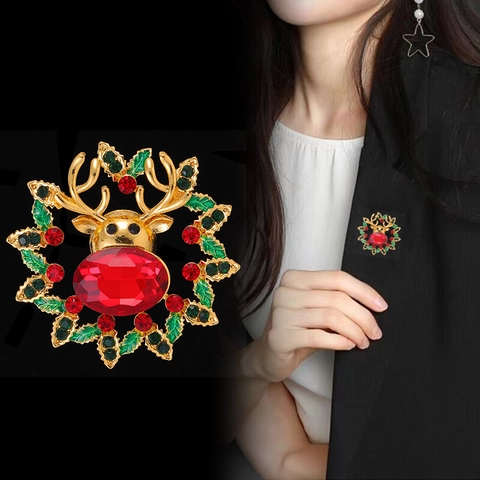 Kerst Rendier Krans Broche Legering Verguld Strass Emaille Feestelijke Vakantie Corsage Cadeau Voor Vrouwen Sieraden