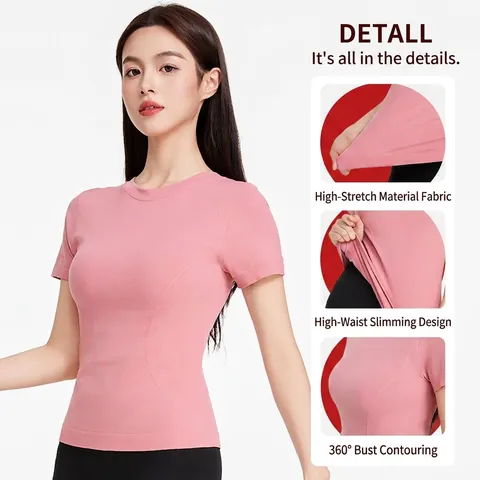 Sport T-shirt Dames Korte Mouwen Slim Fit Ademend Hoge Elasticiteit Yoga Hardlopen Fitness Nylon Elastaan Ronde Hals