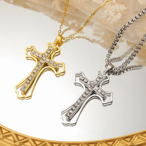 Collier Pendentif Croix en Acier Inoxydable Hip Hop Pour Hommes Femmes Or Argent Plaqué Strass Bijoux Religieux