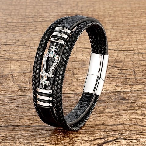 Pulsera Multicapa de Cuero Negro para Hombre Con Dije de Herradura de Acero Inoxidable Zirconia Cierre Magnético Joyería de Moda