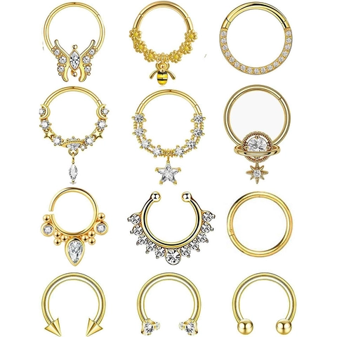 Stainless Steel Copper Rhinestone Nose Ring Hoop Horseshoe Earring Piercing Jewelry Butterfly Bee Star Moon Planet Daisy