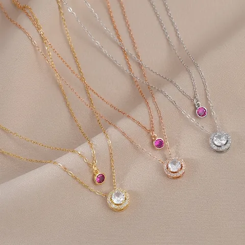 Double Layer Copper Zirconia Necklace For Women Geometric Round Micro Inlaid Pendant Gold Silver Rose Gold Plated Jewelry