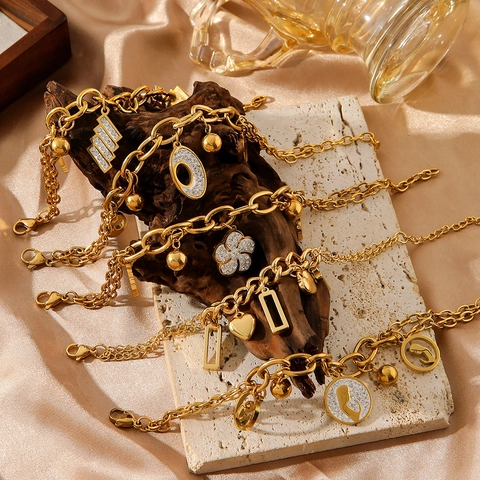 Flower Heart Charm Bracelet 18K Gold Plated Stainless Steel Rhinestone Inlaid Double Layer Chain Fashion Jewelry For Women