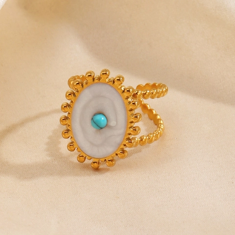Bohemian Vintage Gold Plated Stainless Steel Ring With White Resin And Synthetic Turquoise Oval Geometric Open For Women