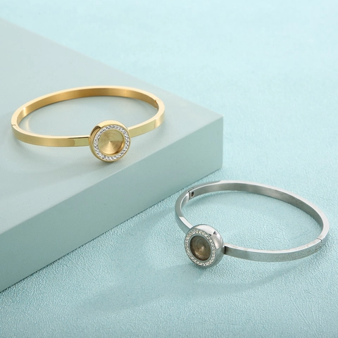 Stainless Steel Cuff Bracelet Round Bezel Setting Rhinestone Halo DIY Bangle Base For Women Fashion Jewelry