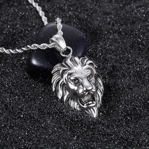 Leeuwenkop Hanger Ketting Titanium Staal Hip Hop Vintage Stijl Voor Mannen Hoogglans Dieren Sieraden
