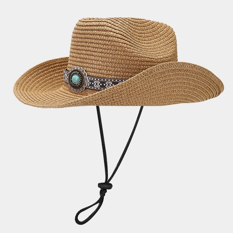 Western Cowboy Strohoed Etnische Band Turquoise Decoratie Verstelbaar Windtouw Zonbescherming Retro Stijl Unisex