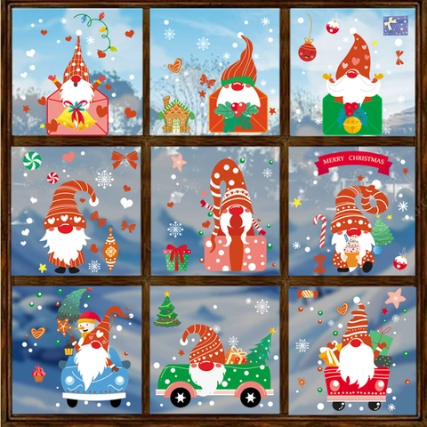 Adesivi Per Finestre Di Natale Statici PVC Doppia Faccia Gnomo Fiocco Di Neve Decorazione Per Vetro