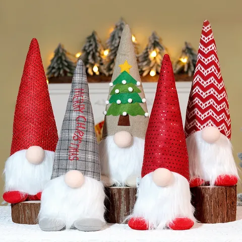 Kerstkabouter Pluche Pop LED Verlichting Handgemaakte Tomte Ornament Pailletten Hoed Lange Baard Desktop Vakantie Venster Decor