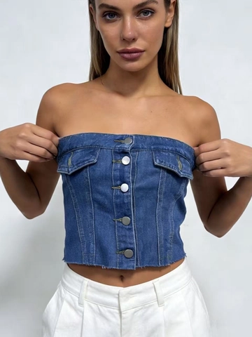 Women Denim Tube Top Strapless Button Down Pocket Slim Fit Crop Cotton Blue Vest