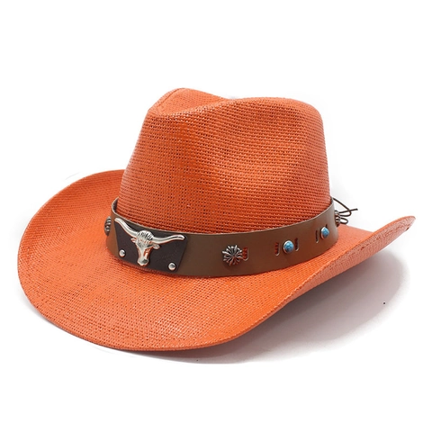 Western Cowboy Straw Hat Vintage Sun Protection Wide Brim Beach Holiday Bull Head Turquoise Decor For Men Women