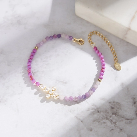 Pulsera de Cuentas de Purpurita Natural Con Colgante de Cruz de Perla de Agua Dulce Chapado en Oro 14K Plata de Ley 925 para Mujer