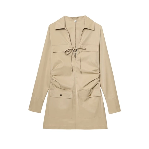 Khaki Shirtjurk Met Lange Mouwen Cargo Stijl Geplooid Trekkoord Reverskraag Elegante Mini Jurk Voor Dames