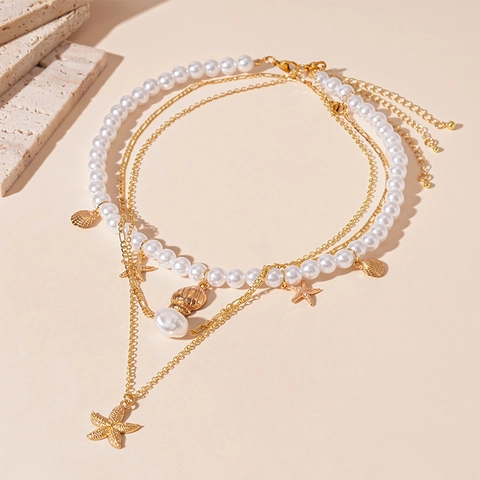 Collar De Capas Aleación Perla Artificial De Imitación Estrella De Mar Concha Colgante Bohemio Estilo Playa Joyería Mujer