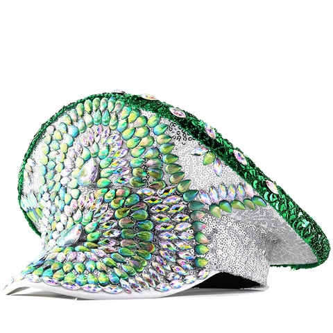Kapitänshut Mit Grünen Strasssteinen Und Silbernen Pailletten Für Festival Party Bühne Sequin Navy Hat