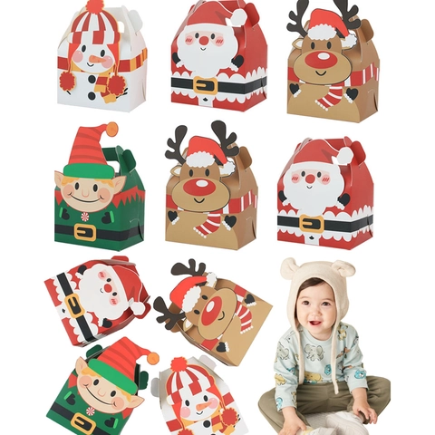 Christmas Gift Box Portable Paper Candy Bag With Handle Clear Window Holiday Party Favors Cartoon Santa Snowman Reindeer