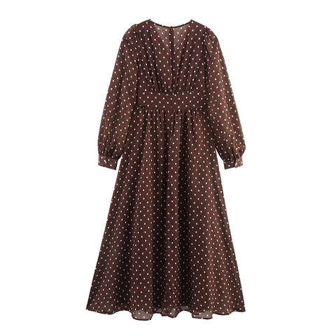 Vintage Polka Dot Chiffon Maxikleid V-Ausschnitt Langarm Hohe Taille Elegant Retro Langes Kleid Für Damen