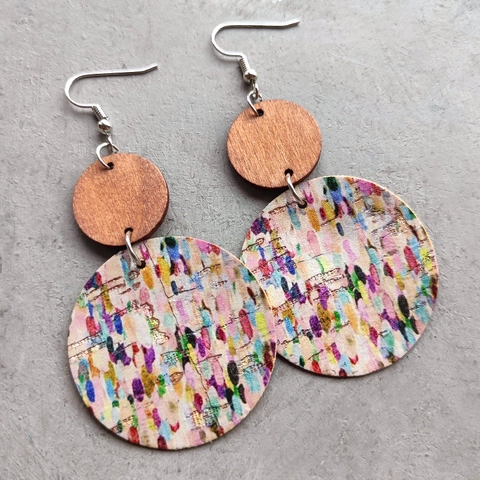 Bohemian Dangle Earrings Geometric Wood Cork Leather Colorful Striped Polka Dot Pattern Artistic Round Jewelry For Women