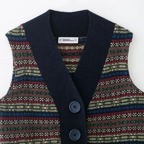 Women Vintage Knitted Sweater Vest V Neck Button Down Fair Isle Geometric Jacquard Retro Sleeveless Cardigan Top