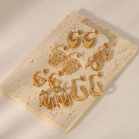 Pendientes De Acero Inoxidable Chapado En Oro 18K Geométricos Forma U Hoja Monstera Joyería Minimalista Para Mujer
