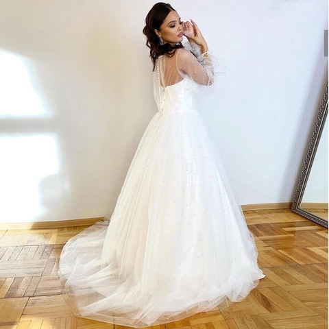 Elegante Abito Da Sposa Bianco Avorio Con Künstliche Perle Maniche A Sbuffo Lunghe Tulle Linea A Per Donne