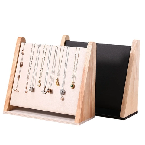 Wooden Necklace Display Stand Slanted Velvet Jewelry Holder Pendant Showcase Counter Organizer For Home Store