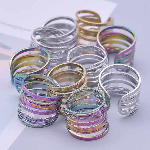 Anillo Aperto In Acciaio Inossidabile 304 Multistrato Intrecciato Cavo Trama Geometrica Fascia Regolabile Minimalista Unisex