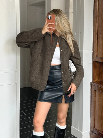Giacca Da Donna A Maniche Lunghe Larga Collo Alto Bottone A Pressione Tinta Unita Streetwear Casual