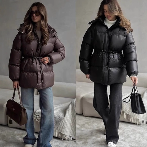 Women Puffer Jacket Hooded Polyester Padded Coat Waist Drawstring Windproof Casual Winter Outerwear Thick Solid Color