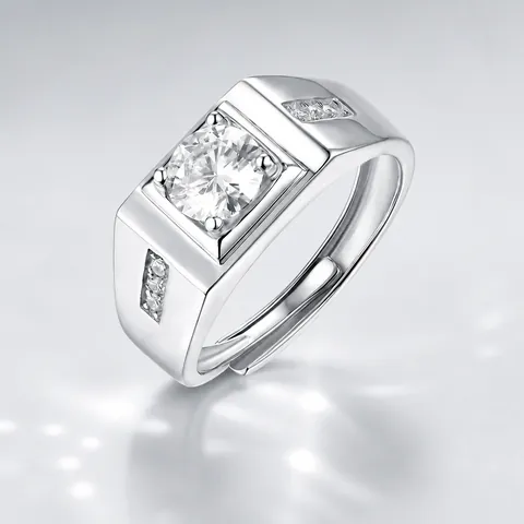 Bague en Argent Sterling 925 Moissanite de Luxe pour Homme Plaqué Platine Ajustable Coupe Ronde Bijoux de Doigt d'Affaires