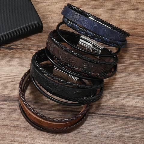 Men Multi Layer Woven Leather Bracelet Wax Rope Alloy Magnetic Clasp Retro Punk Ethnic Jewelry Accessory