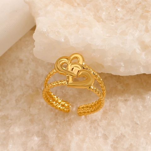 Anillo Ajustable De Doble Corazón De Acero Inoxidable Chapado En Oro Banda Trenzada Joyería De Moda Minimalista Mujer