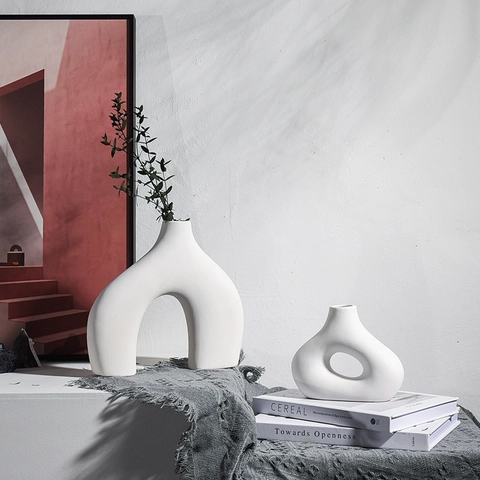 Keramische Vaas Noords Minimalistisch Mat Abstract Geometrisch Boog Hol Rond Tafeldecoratie Modern Esthetisch Decoratief