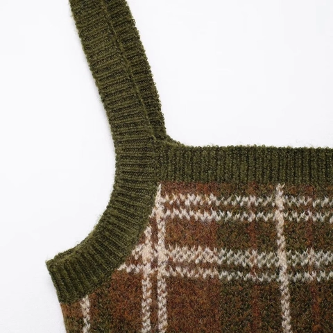 Vintage Plaid Knit Camisole Women Sleeveless Cropped Tank Top Retro Plaid Pattern Casual Wear