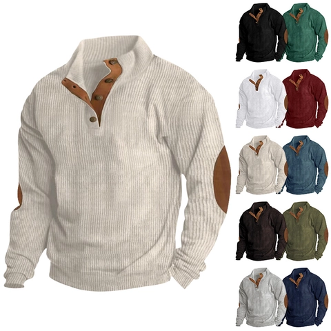 Men Corduroy Sweatshirt Stand Collar Long Sleeve Pullover With Contrast Elbow Patches Casual Urban Fashion Knit Top