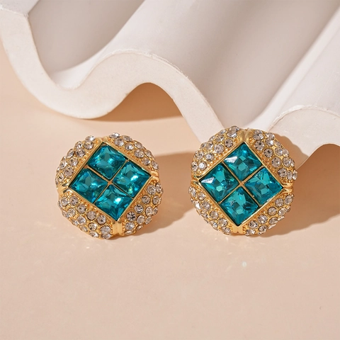 Vintage French Luxury Round Stud Earrings For Women With Blue Crystal White Rhinestone And Silver Earring Post
