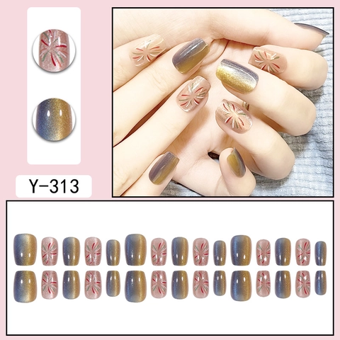 Feuerwerk Muster Press On Nails Katzenauge Gradient Glitzer Kurz Rund Quadratisch Künstliche Fingernägel Für Frauen DIY Maniküre