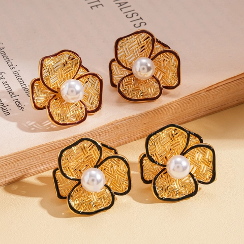 Blumen Ohrstecker 18K Vergoldet Kupfer Hohlgeflecht Imitationsperle Mit 925 Sterling Silber Ohrringpfosten Retro