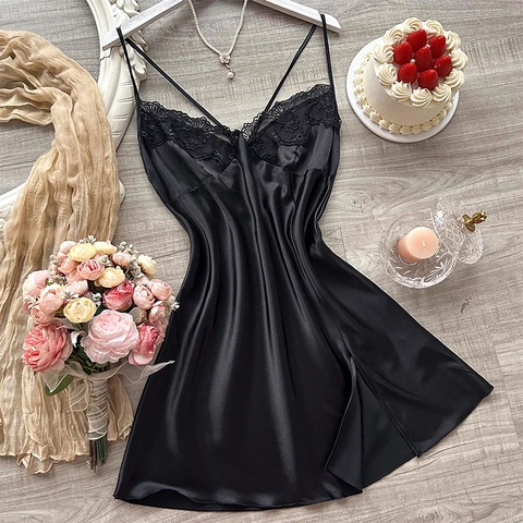 Damen Satin Nachthemd Dessous Satinnimitat Spitze V-Ausschnitt Spaghettiträger Schlafanzug Sexy Unterwäsche