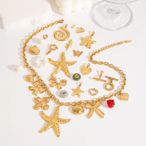 Edelstahl Vergoldete Anhänger DIY Schmuckherstellung Zubehör Künstliche Perle Seestern Herz Muschel Schleife Charms